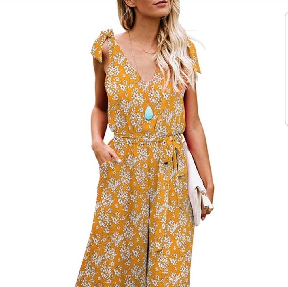 V-Neck Wide Leg Long Jumpsuit with Belt